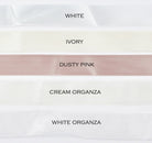 Five colours of satin ribbon are shown with the names of each colour against a white background