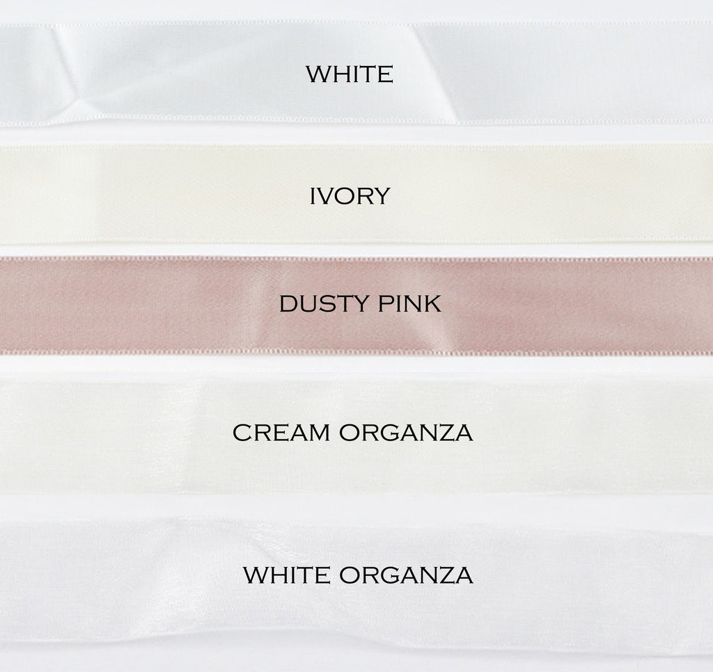 Five colours of satin ribbon are shown with the names of each colour against a white background